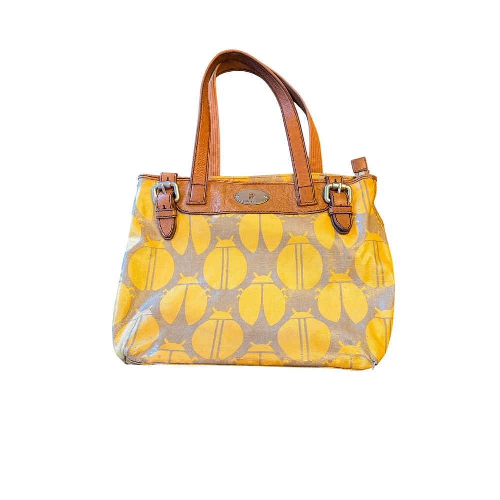 Fossil Ladybug Print‎ Tote Bag Brown Leather Tan Canvas